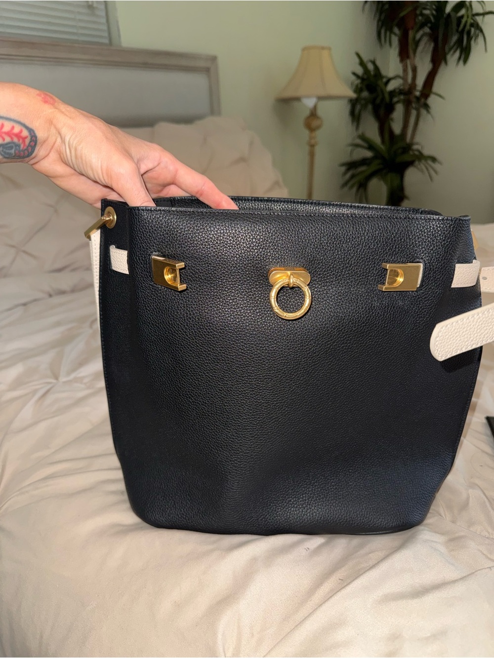 Black and Cream Bucket Shoulder Bag with Gold Ring Hardware